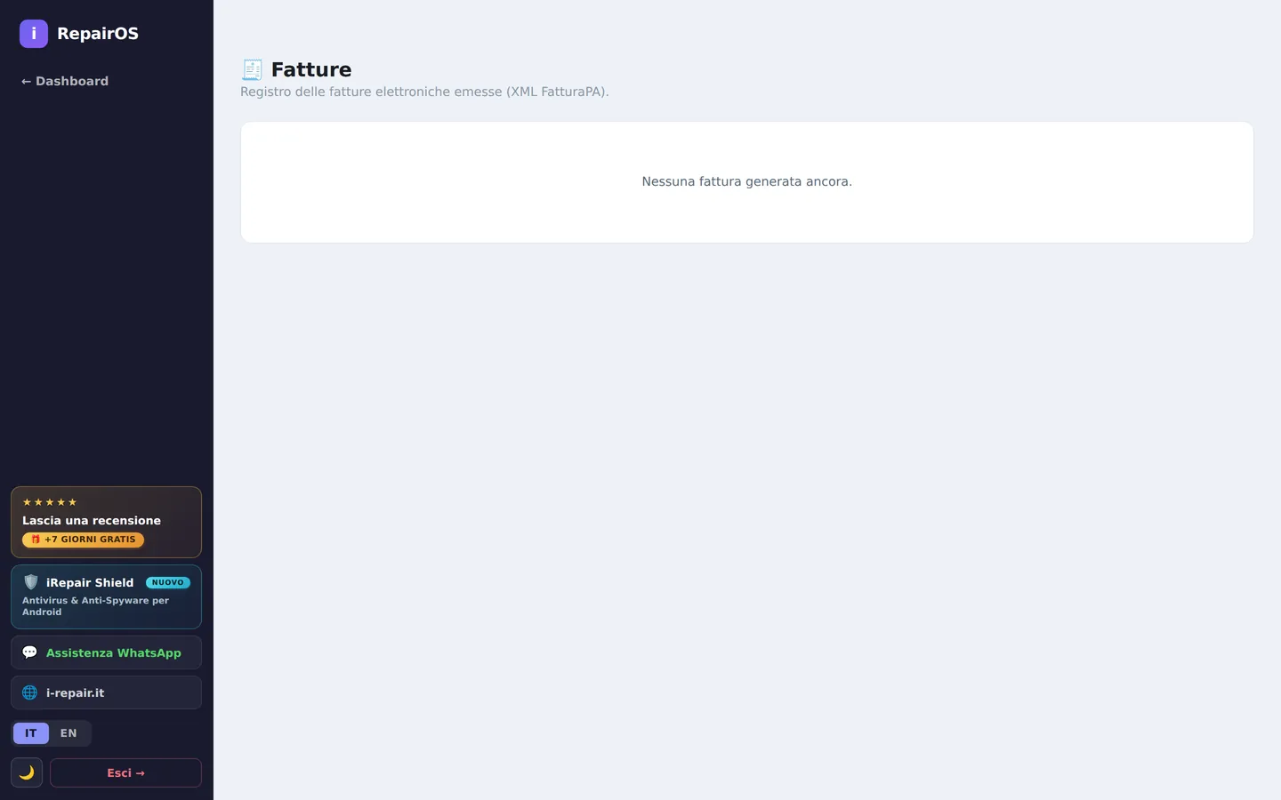 iRepairOS 3.3 — Fatturazione elettronica: XML FatturaPA con scorporo IVA o forfettario N2.2, bollo virtuale, registro e nuovo download.