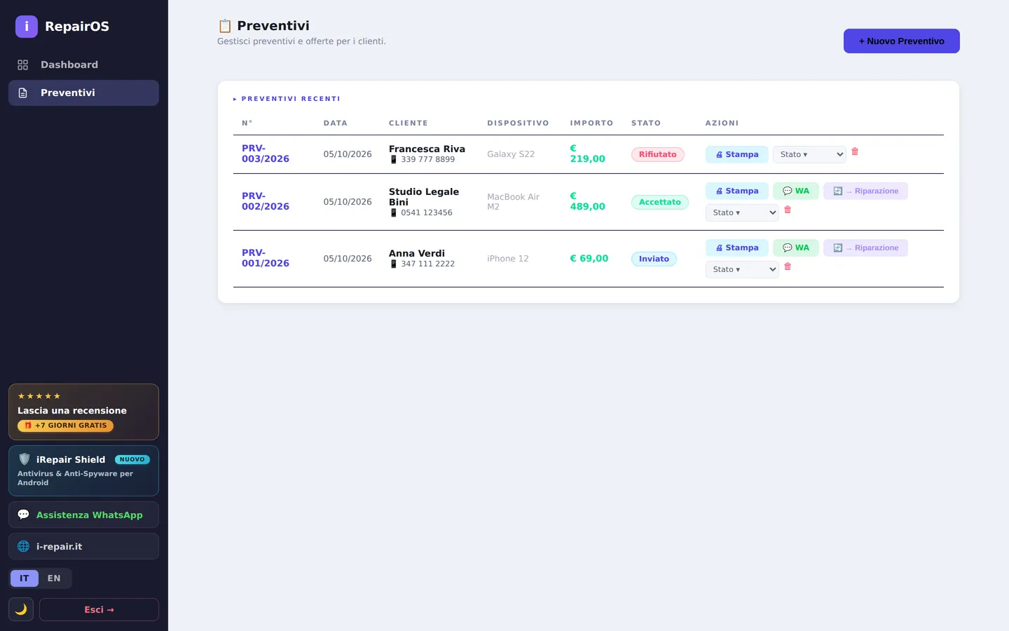 iRepairOS 3.3 — Preventivi: Numerazione progressiva, validità, acconto, stato inviato/accettato e conversione in riparazione con un clic.