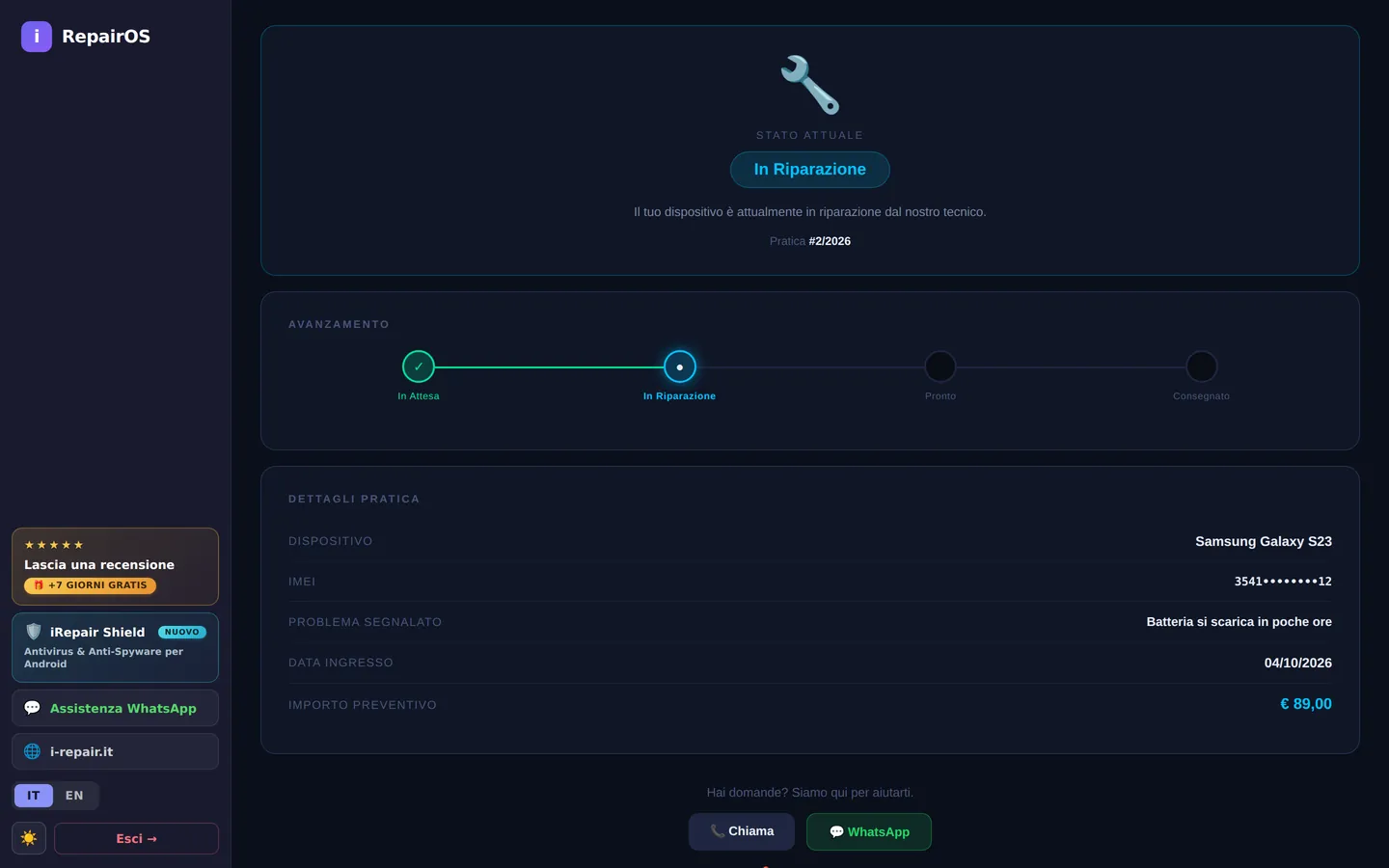 iRepairOS 3.3 — Tracking cliente: Pagina pubblica: il cliente inserisce numero pratica e telefono e vede stato, avanzamento e preventivo.